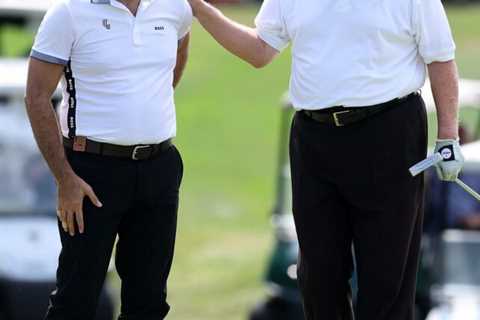 Donald Trump shakes hands with MBS’s personal banker at Saudi LIV golf invitational in Bedminster