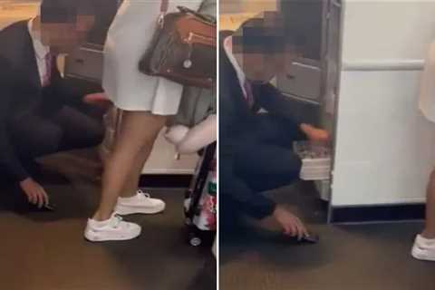 Shock moment male flight attendant is caught ‘up-skirting women boarding plane while he pretends to ..